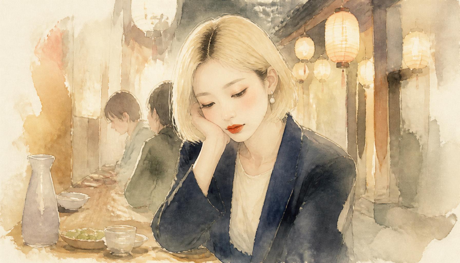 Yumiko en el izakaya, cabello rubio, chaqueta oscura, rímel, bajo una lámpara de papel.